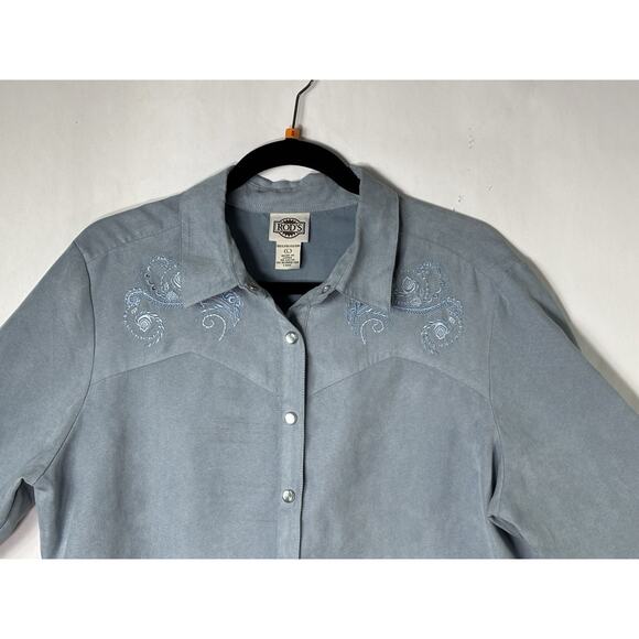 Rod's Womens Large Western Pearl Snap Shirt FLORAL Blue Microsuede Faux Suede LS - Picture 2 of 12